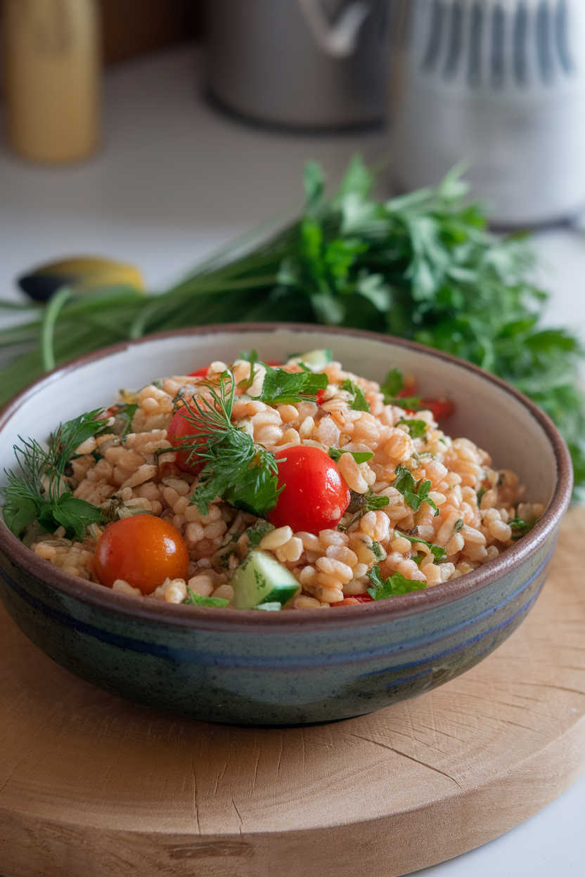 Photo of a ceramic bowl indoors containing farro tossed with parsley, dill, cherry tomatoes, and cucumbers; no text or logos.