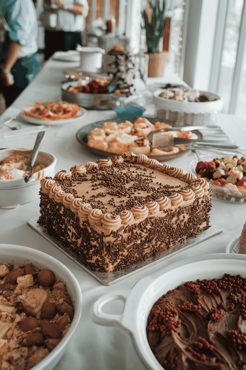 Indoor potluck table featuring a chocolate sheet cake covered in creamy peanut butter frosting and chocolate sprinkles. No text or logos present. Photo.