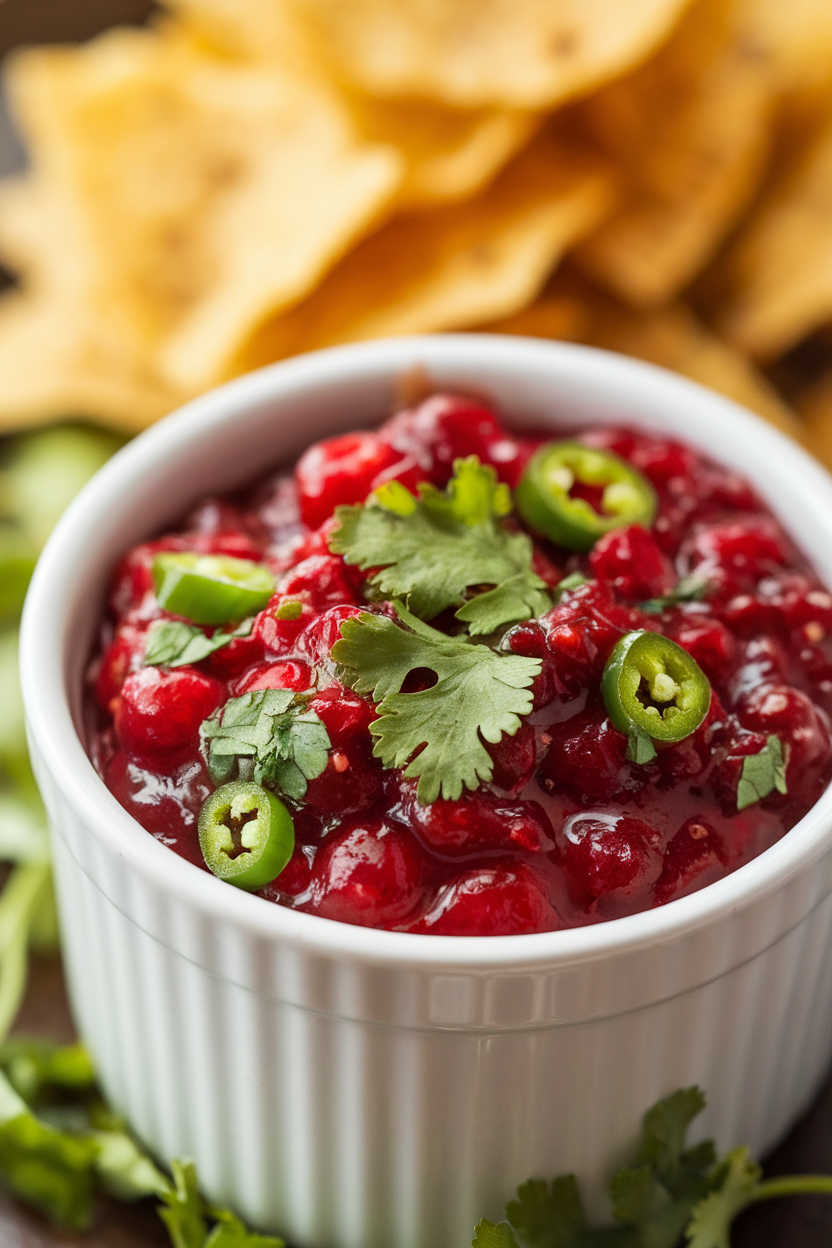 Indoor ramekin of vibrant cranberry salsa flecked with green jalapeño and cilantro, chips in background. Photo, no text or logos.