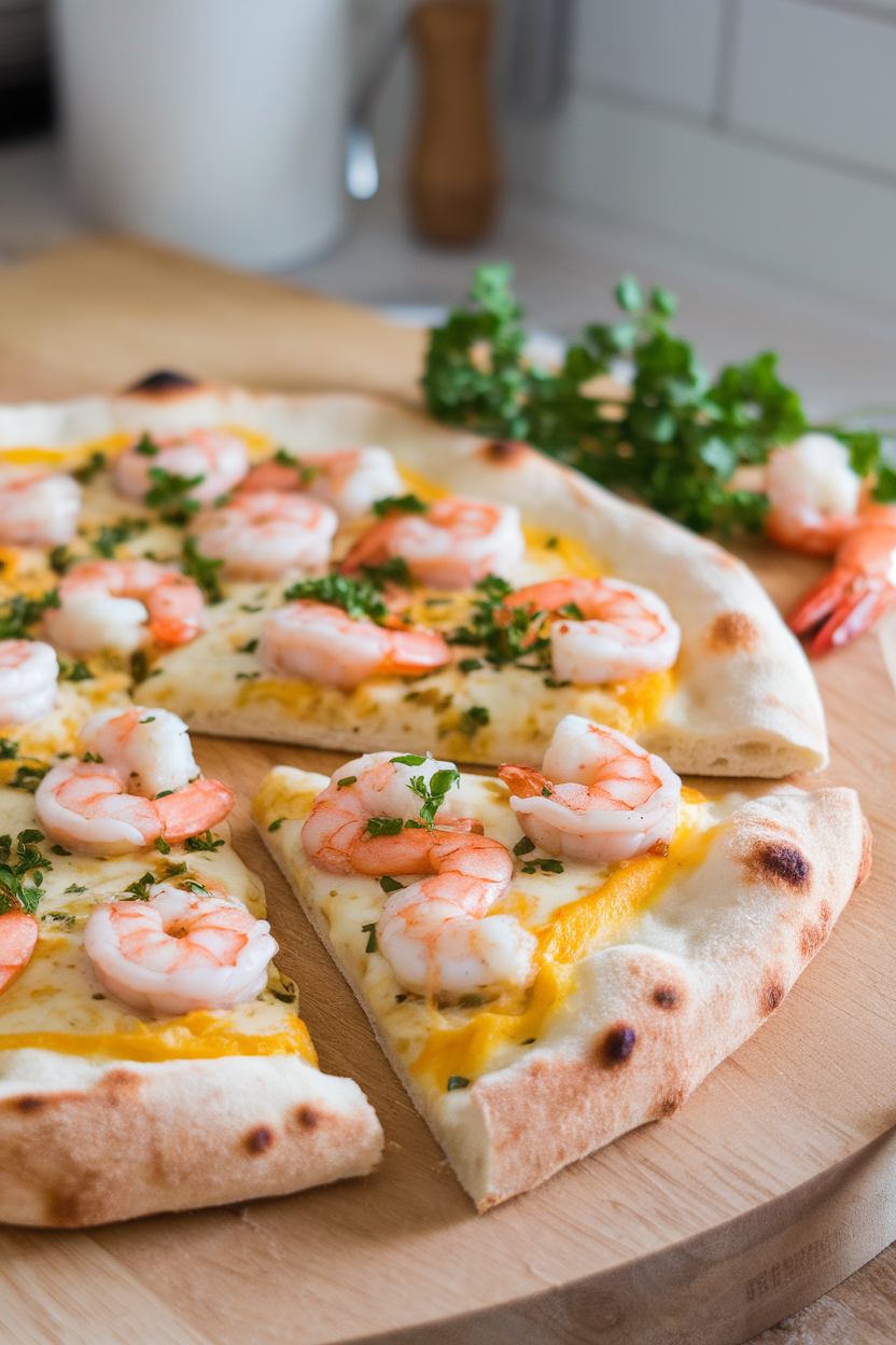 Indoor shot of a white pizza topped with cooked shrimp, garlic butter glaze, and parsley freckles. Photo only, no text or logos.