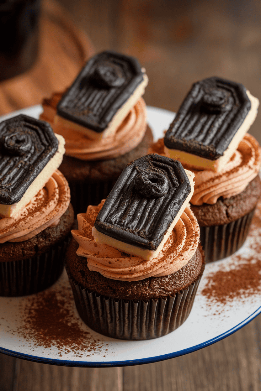 Indoor photo of coffee-soaked cupcakes dusted with cocoa, topped with a rectangular ladyfinger frosted black to resemble a coffin lid; no text or logos