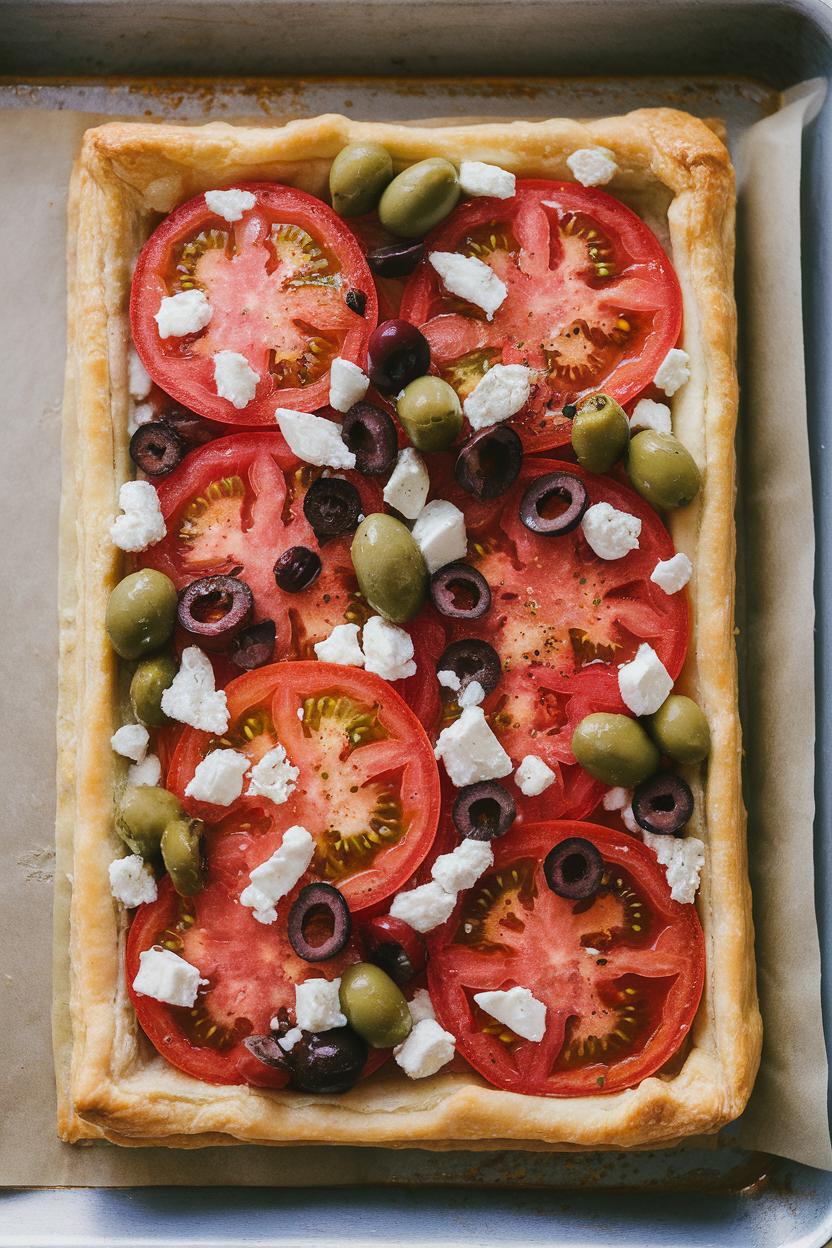 Photo of rectangular puff pastry tart topped with tomato rounds, olives, and feta on an indoor baking sheet; no text or logos.