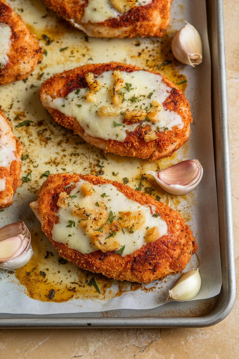 Indoor photo of breaded chicken breasts topped with melted Parmesan and flecks of garlic, presented on a sheet pan; even kitchen lighting, no text or logos