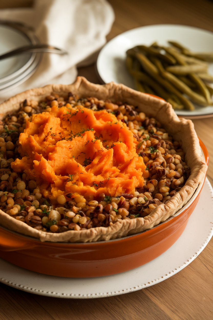 Warm indoor photo of a casserole dish with a barley and lentil shepherd’s pie topped with mashed sweet potatoes; no text or logos present.