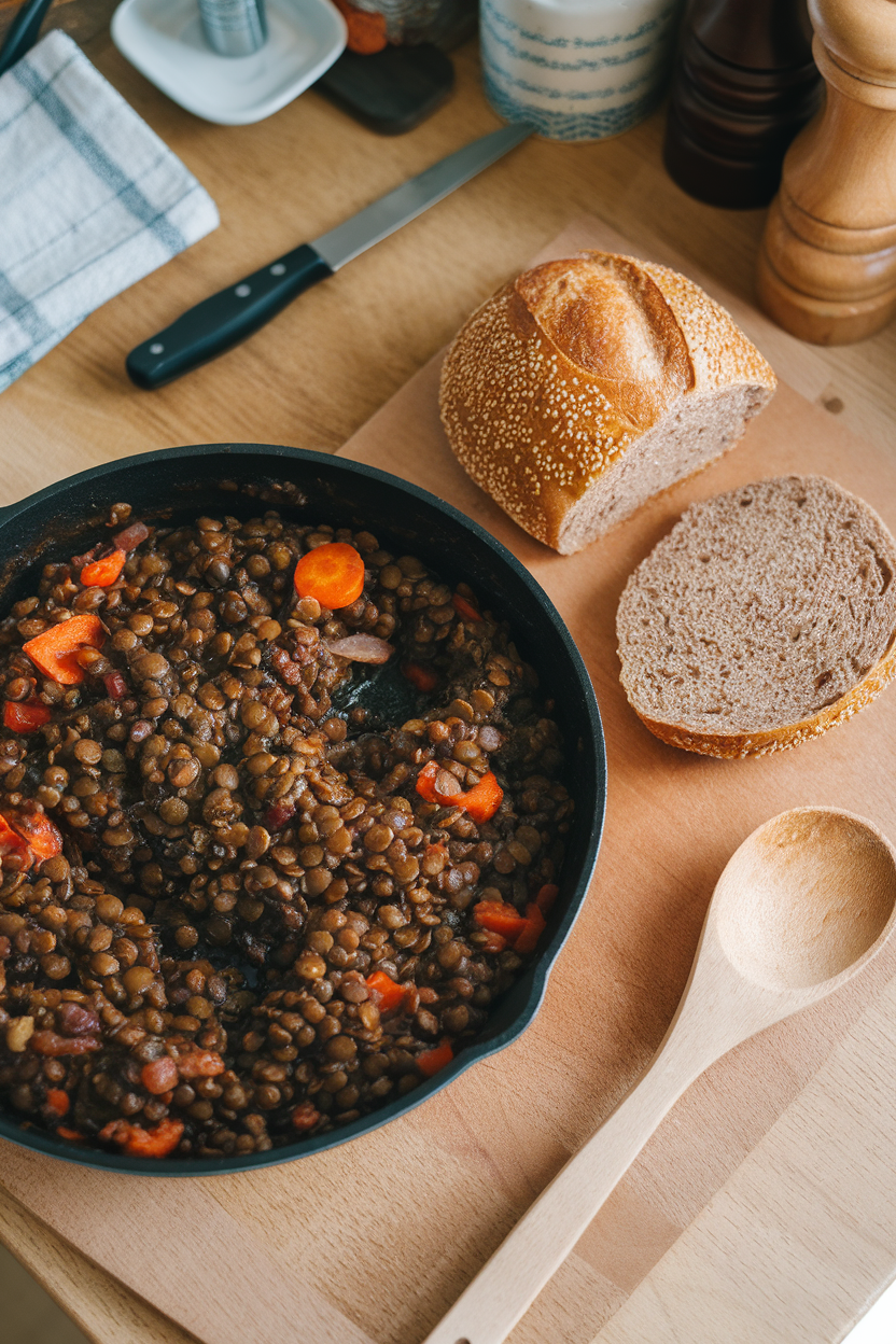 An indoor countertop scene with a skillet of saucy lentils and a whole-grain bun ready for spooning the mixture inside. No text or logos present; photo only.