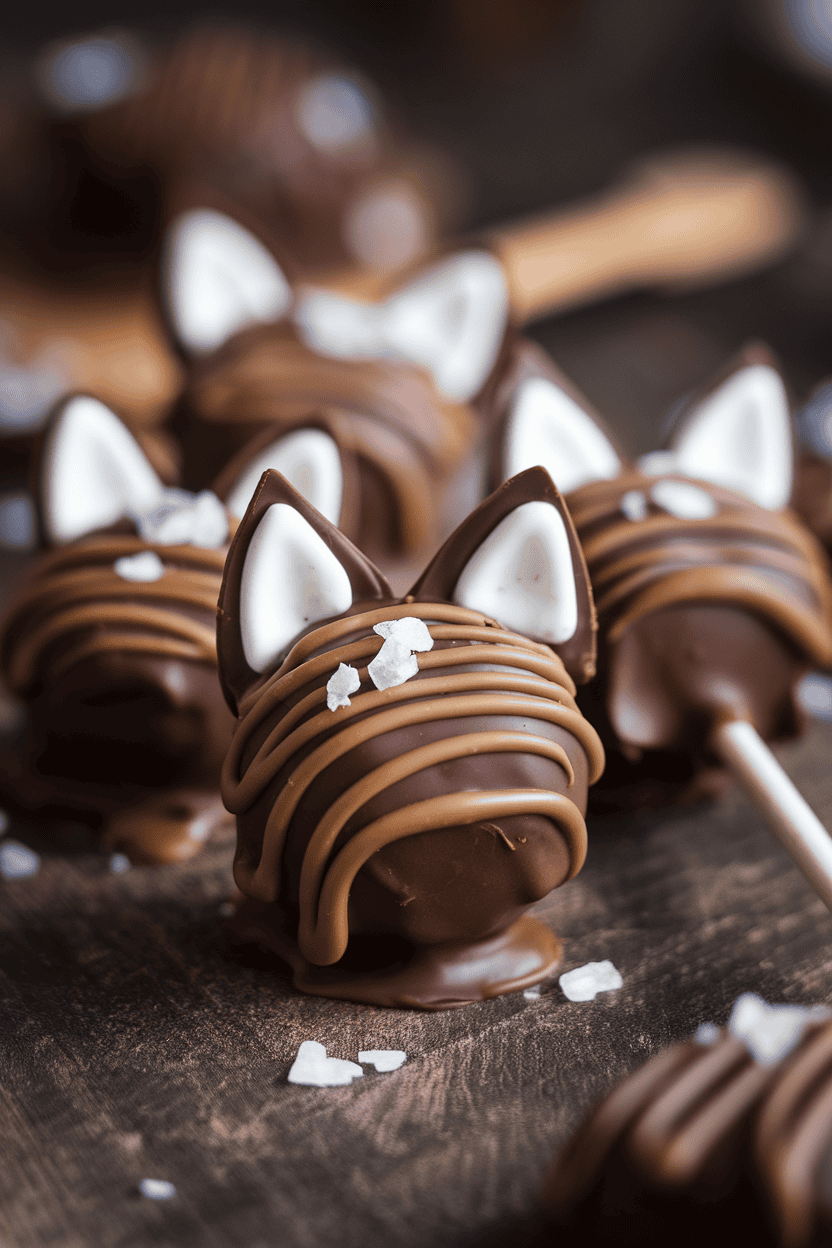 Milk chocolate pops drizzled with dark caramel and flaked sea salt, tiny fondant wolf ears on top, indoor rustic wood; no text or logos. Photo.