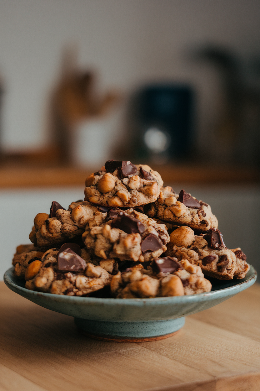 Indoor ceramic plate piled with chunky cookies featuring large chocolate pieces and bits of chestnut. No logos or text. Photo, not illustration.