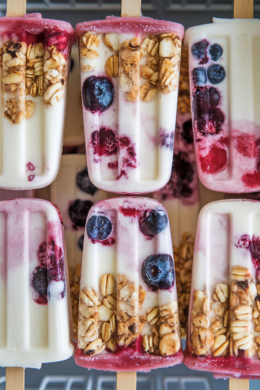Indoor freezer-door view of yogurt-based breakfast popsicles with visible granola and berry swirls, frosty texture. No text or logos.