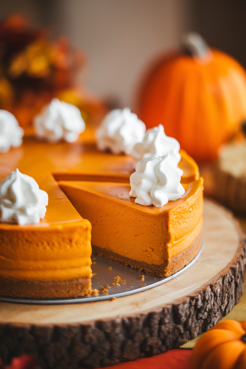 Whole pumpkin cheesecake with a slice removed, whipped cream dollops on top, indoor lighting. No text or logos. Photo.