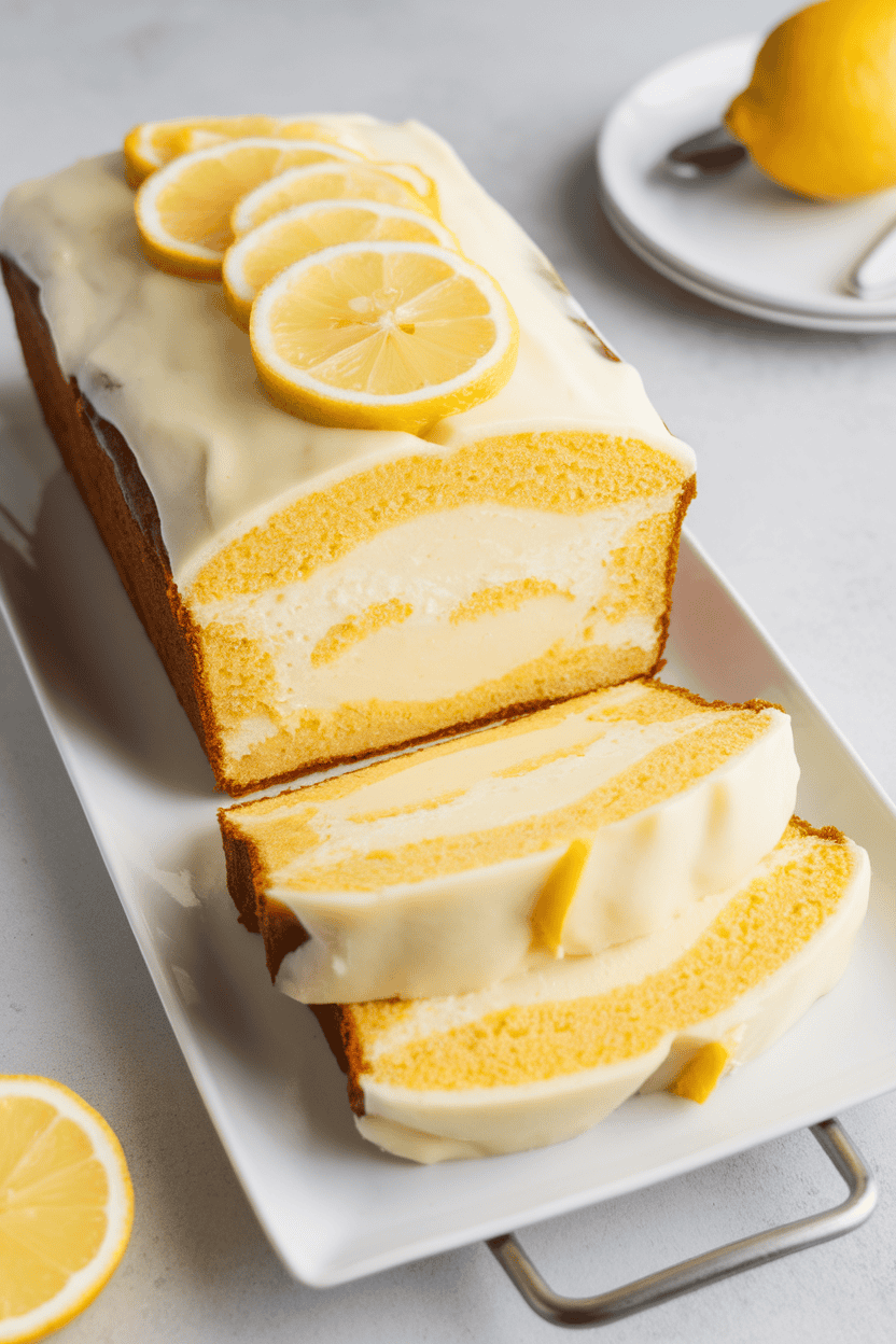 Indoor photo of chilled lemon icebox loaf sliced to reveal creamy layers, served on a simple white platter, no text or logos
