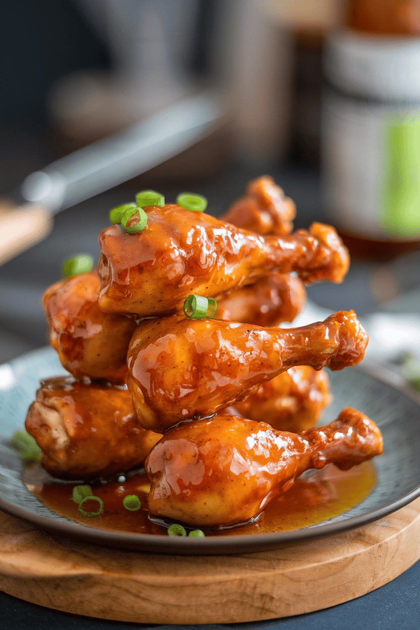 Indoor photo of glazed chicken drumsticks stacked on a platter, sticky honey garlic sauce glistening; no text or logos.