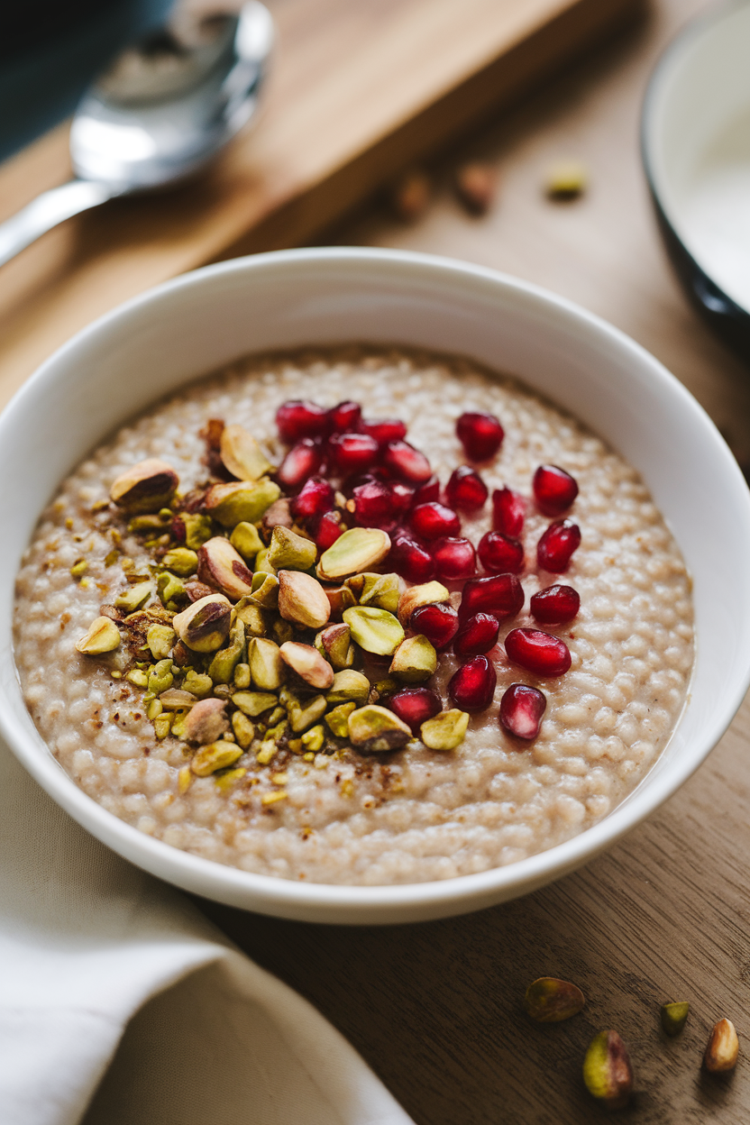 Indoor photo of a bowl of warm millet porridge topped with chopped pistachios and pomegranate seeds; no text or logos