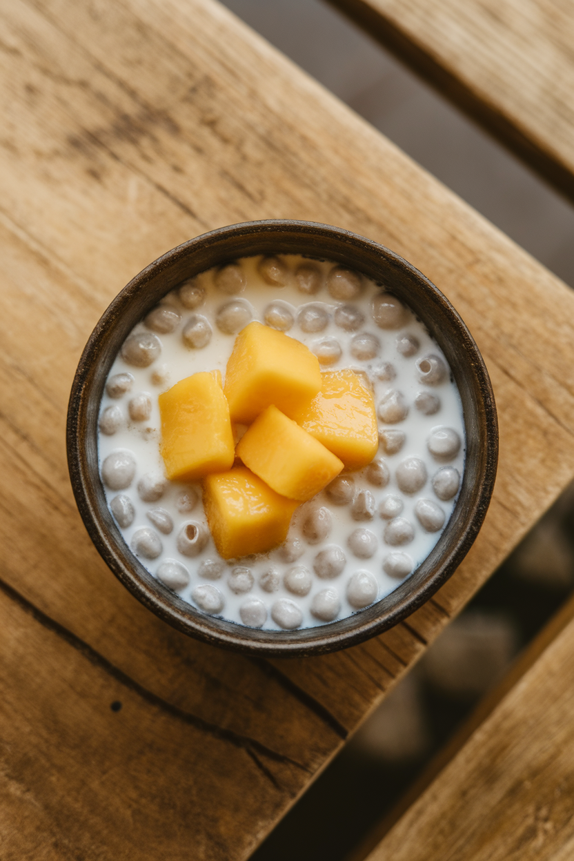 A small indoor bowl of tapioca pearls submerged in creamy coconut milk and topped with diced mango, photographed from above. No text or logos visible.
