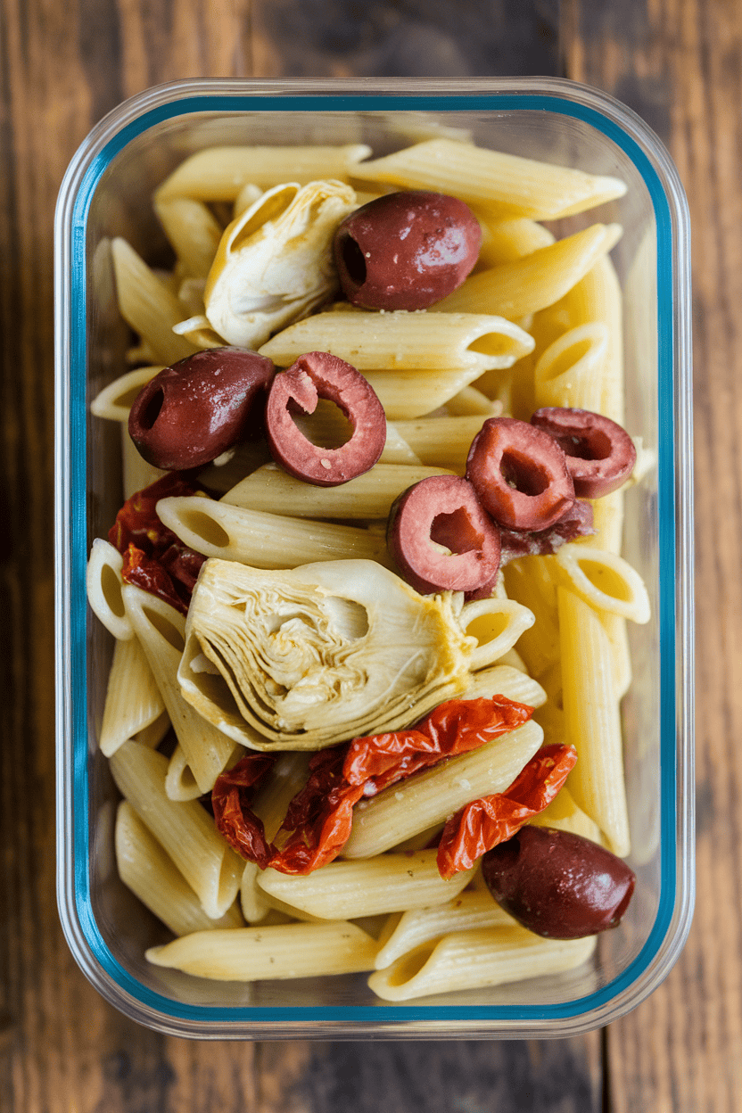 Indoor shot of a meal-prep container filled with penne tossed in olive oil with sliced olives, artichoke hearts, and sun-dried tomatoes. No logos visible.