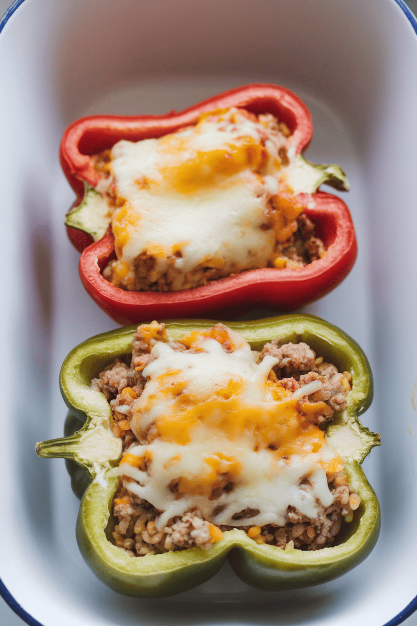 Indoor photo of halved bell peppers filled with rice and ground turkey, cheese melted on top, set on a white dish. No text or logos.