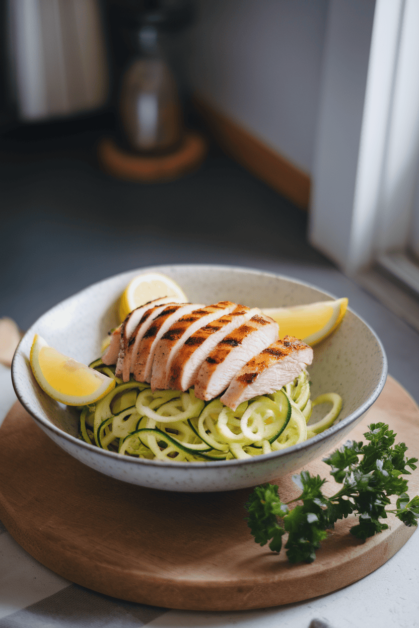 Photo of a shallow white bowl indoors, filled with spiralized zucchini topped with sliced grilled chicken breast and lemon wedges, soft window light, no text or logos.