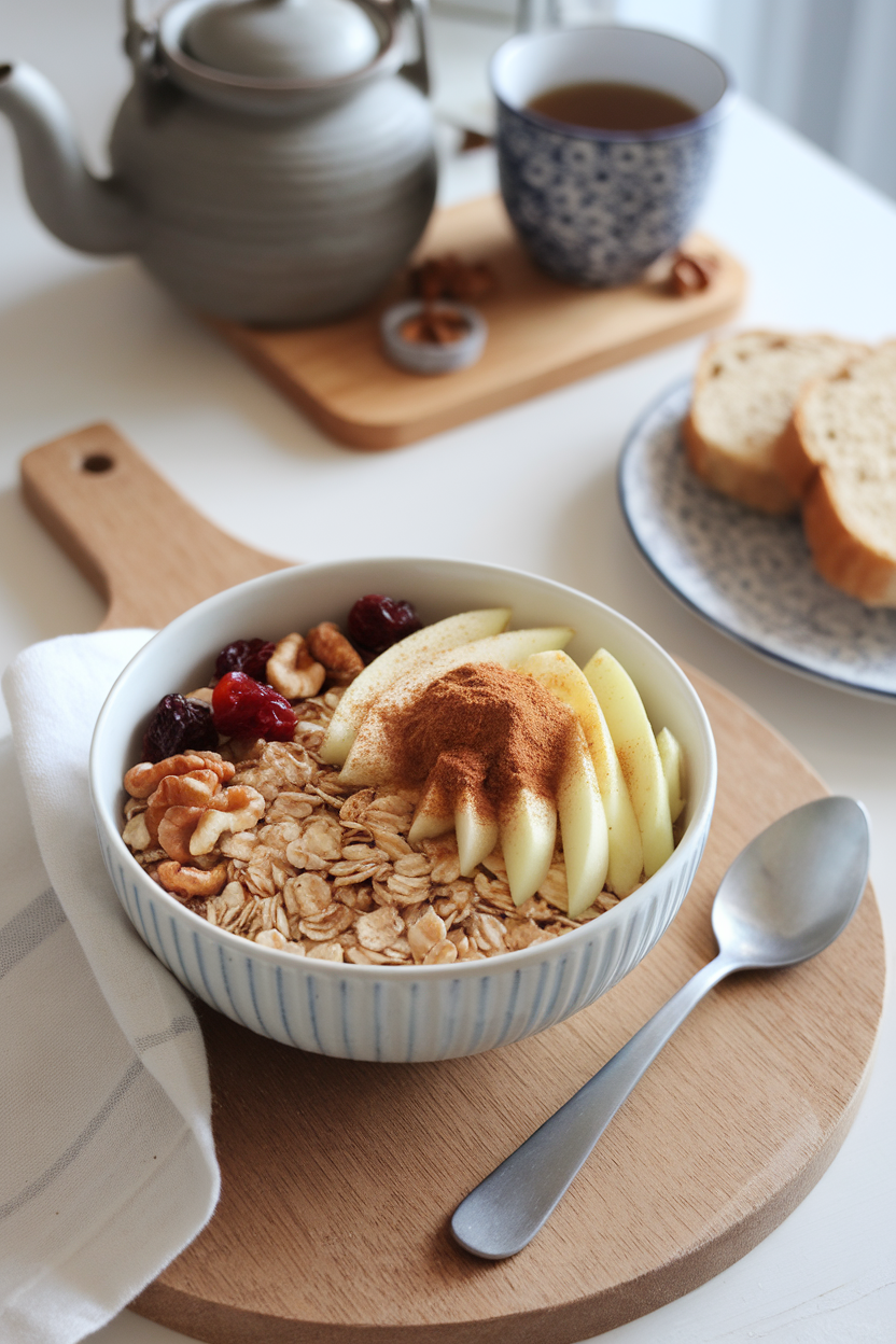 Indoor breakfast scene featuring a bowl of Swiss-style muesli with grated apple and cinnamon sprinkled on top. No text or logos visible.