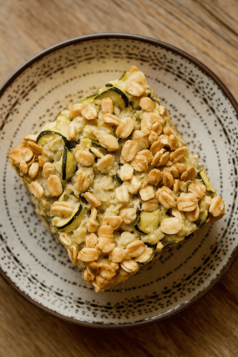Indoor photo of a square of zucchini oatmeal bake on a plate, visible green flecks, no text or logos.