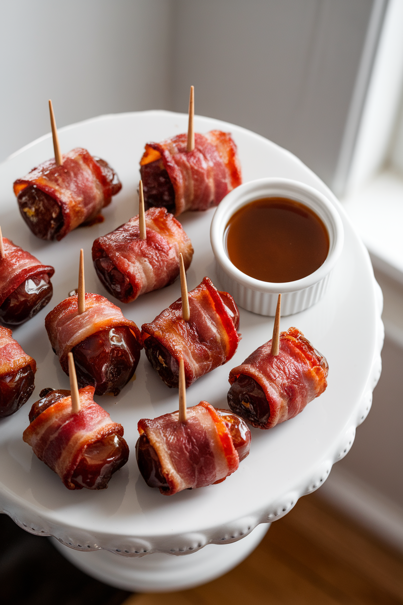 A white serving platter indoors holding glossy bacon-wrapped dates, toothpicks inserted, with a small ramekin of maple glaze beside them. Overhead angle, logo-free. Photo only.