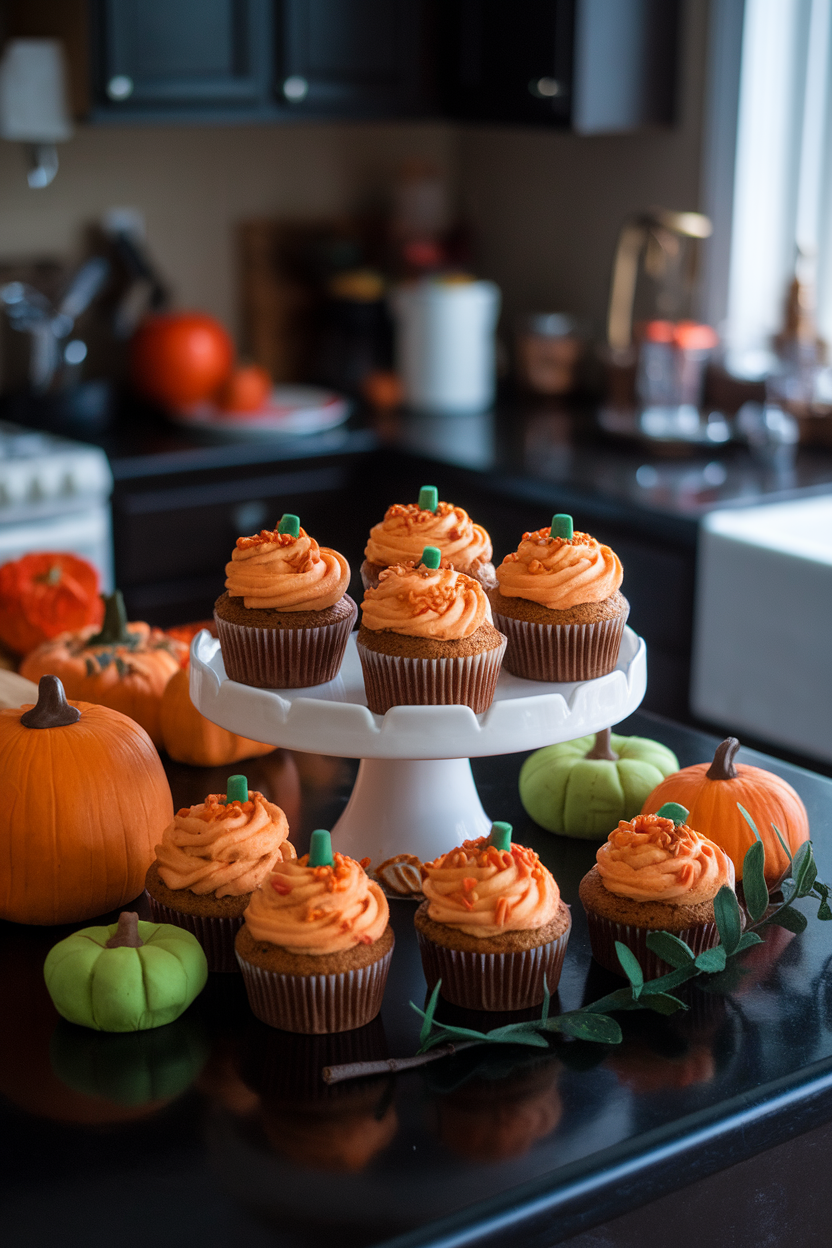 Indoor kitchen island with spiced apple cupcakes frosted in orange buttercream pumpkins, trimmed with green stems, no text or logos.