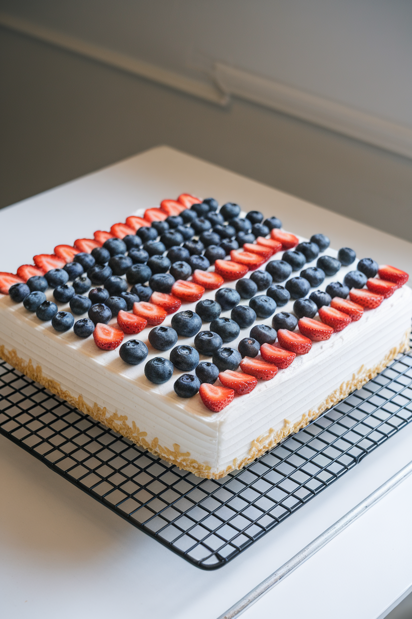 Indoor photo of a rectangular sheet cake on a cooling rack, frosted white and topped with neat rows of blueberries and sliced strawberries forming a flag pattern. Soft overhead lighting, no text or logos.