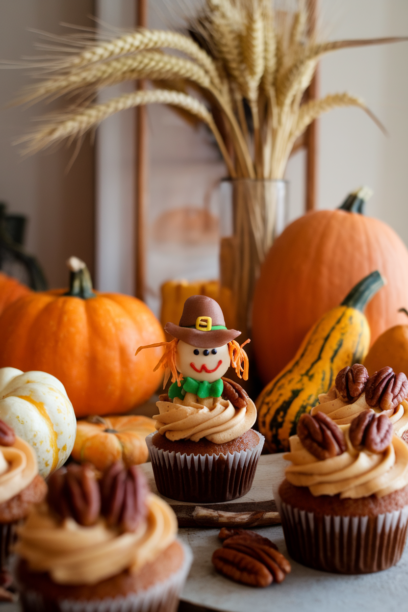 Indoor harvest table featuring maple cupcakes topped with toasted pecan pieces and a tiny fondant scarecrow hat, no text or logos.