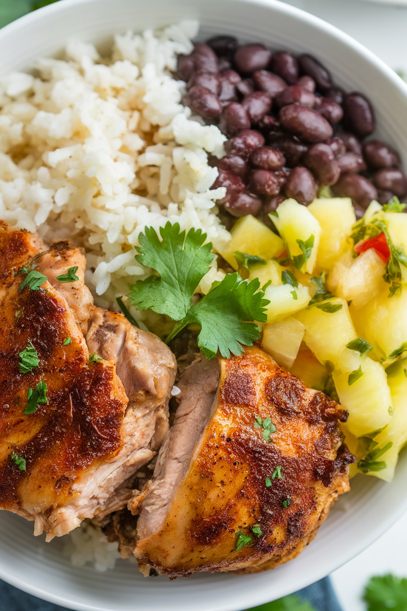 Indoor photo of a bowl featuring jerk-spiced chicken thighs, coconut rice, black beans, pineapple salsa, and cilantro. No text or logos present.