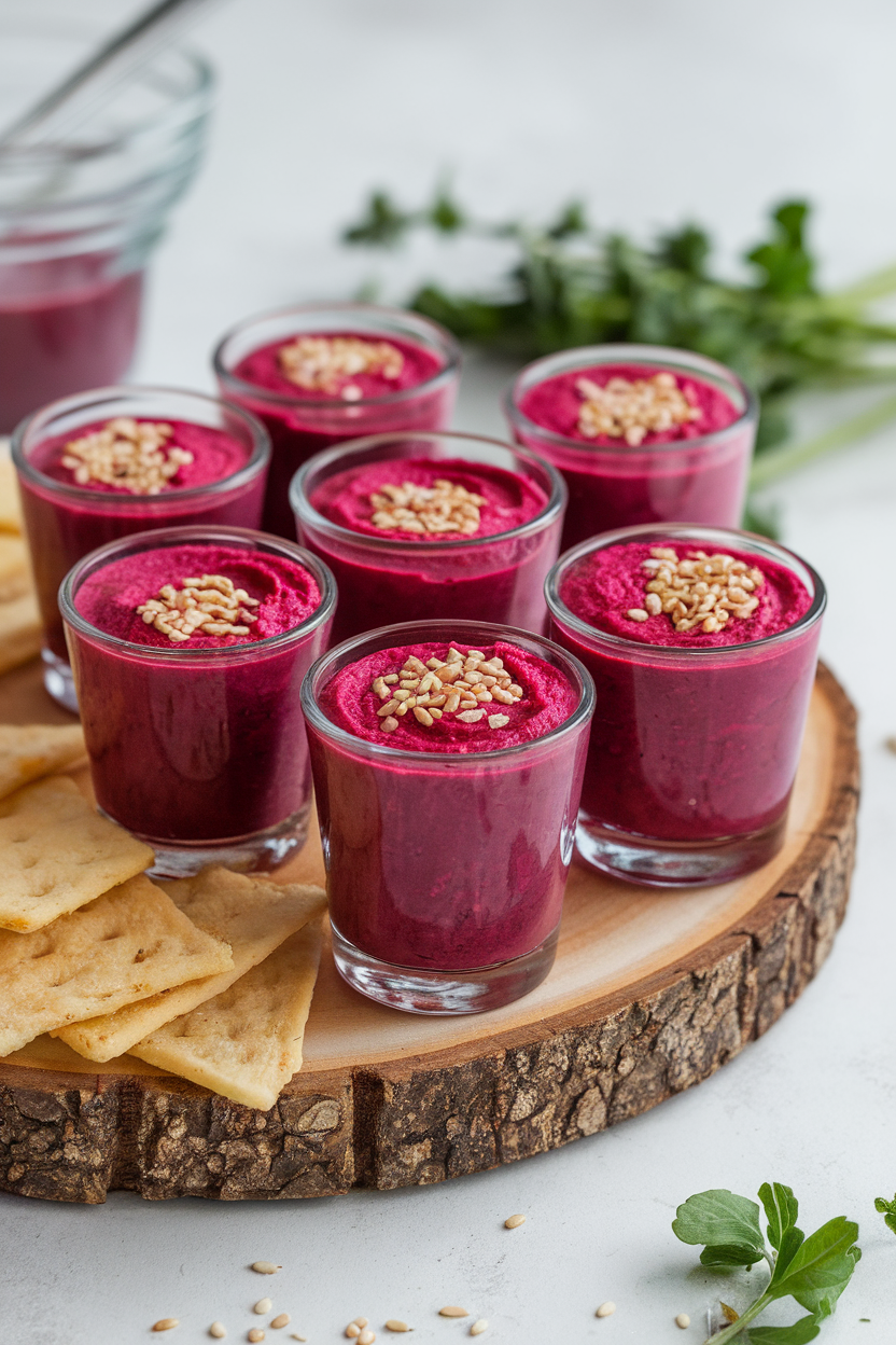 Tiny glass shooters of vivid magenta beet hummus topped with sesame seeds, lined up on an indoor serving board. Photo, no text or logos.