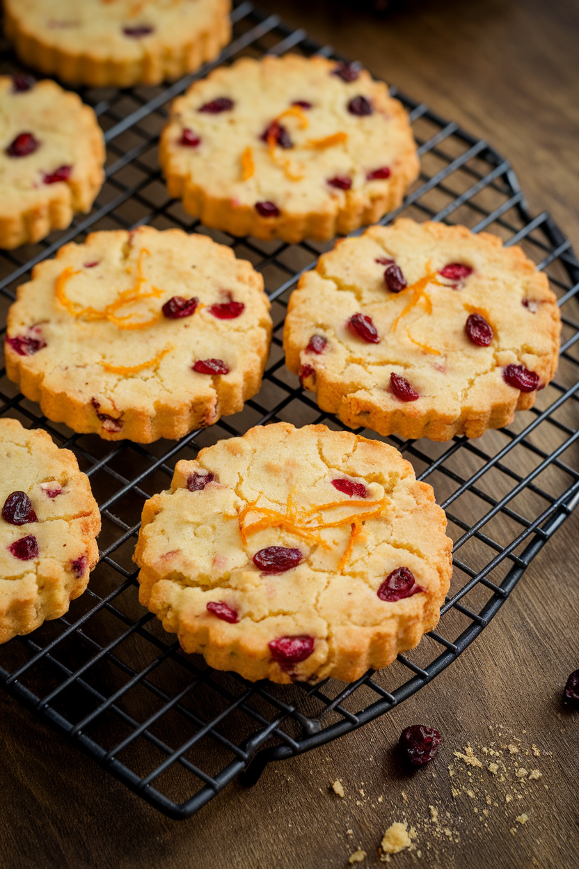 Indoor photo of buttery shortbread rounds speckled with dried cranberries and orange zest on a cooling rack. No text or logos.