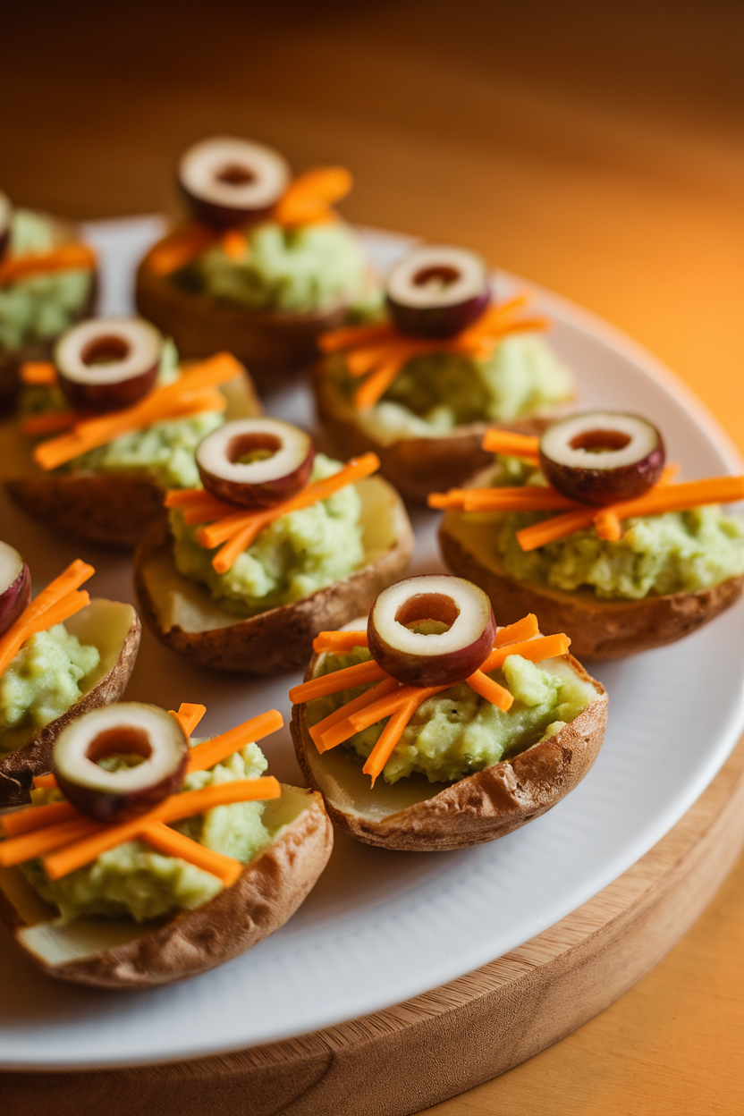 Mini potato skins filled with green mashed potatoes and cheddar, olive slice eyes on top, under warm indoor light. Photo, no text or logos.