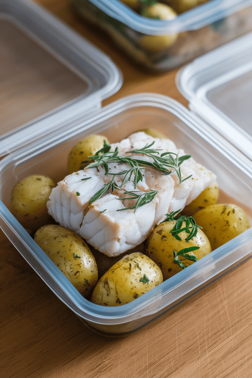Indoor photo of flaky white cod fillet atop baby potatoes glistening with olive oil and herbs, served in a meal-prep container. No logos.