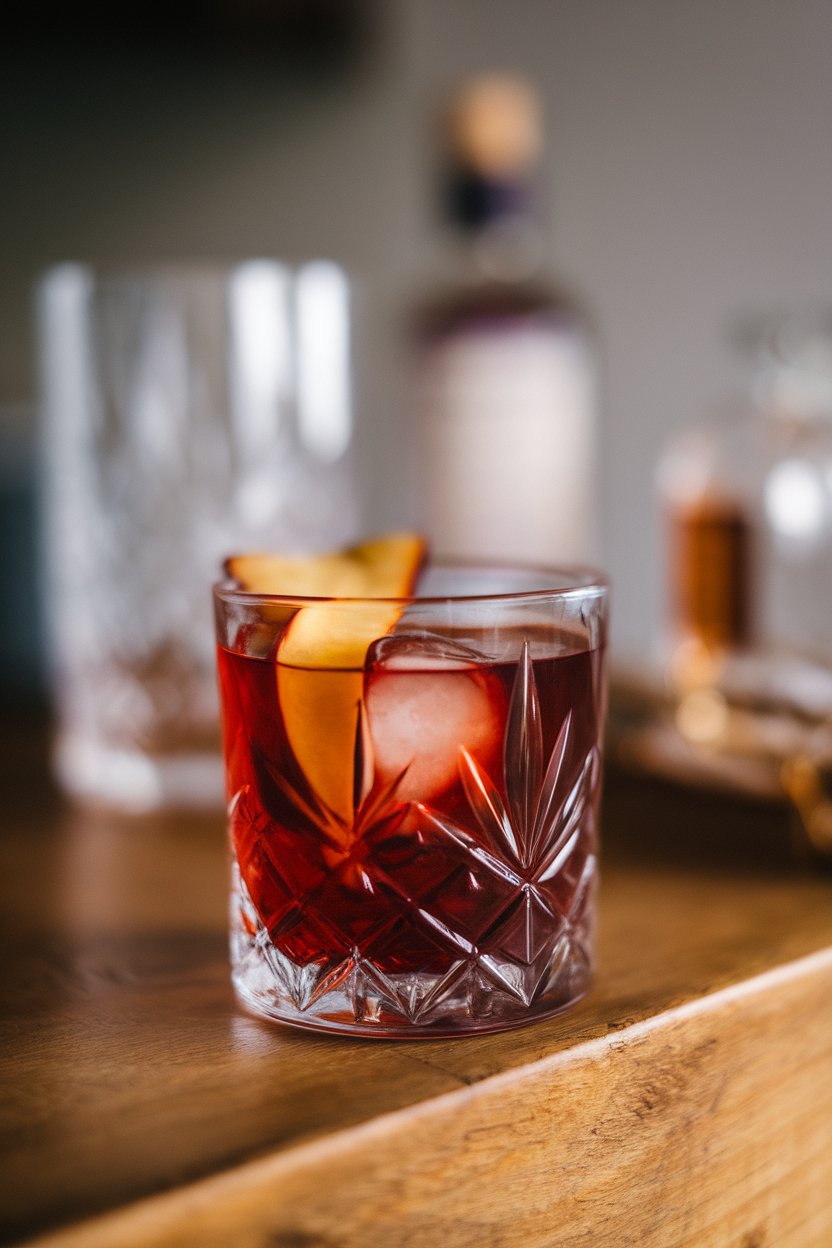 Photo of a crystal rocks glass indoors, showcasing a plum and vanilla old fashioned, deep ruby hue, thin plum slice inside, no text or logos.