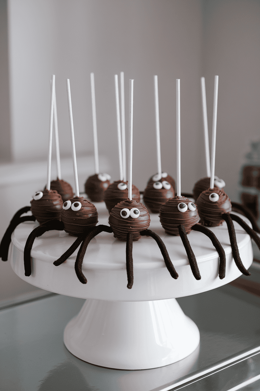 Chocolate cake pops with black licorice legs and candy eyes, sitting on an indoor white platter; no logos or text. Photo.