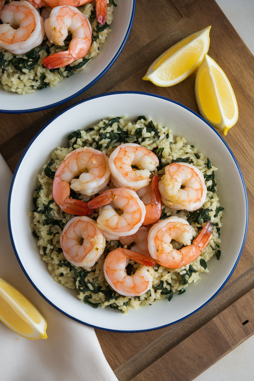 Overhead indoor image of garlic sautéed shrimp on spinach rice, with lemon wedges. No logos or text.
