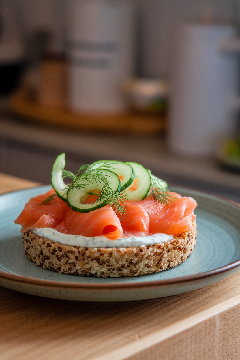 Indoor photo of a round quinoa patty topped with sliced smoked salmon, cucumber ribbons, and dill yogurt sauce on a plate. No logos or text.