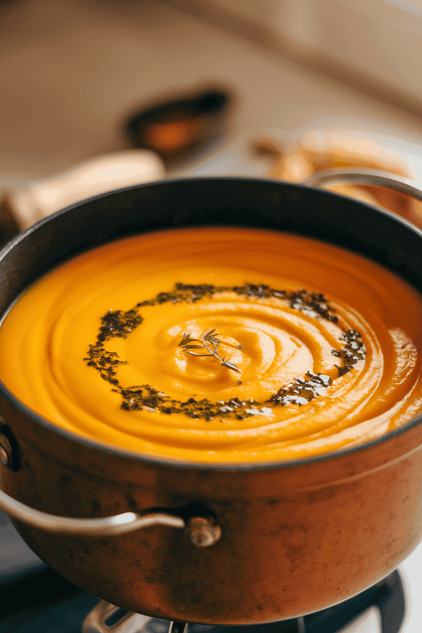 Indoor soup cauldron of silky orange butternut squash soup, swirl of green herb oil on top. No text or logos.