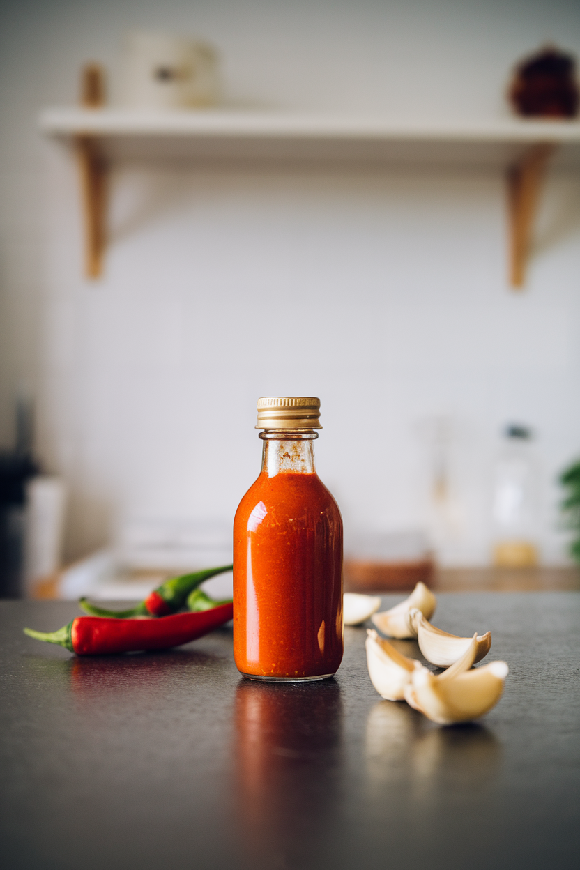 Indoor photo of a small glass bottle filled with bright red fermented hot sauce on a countertop, whole chilies and garlic cloves scattered nearby. No text or logos.