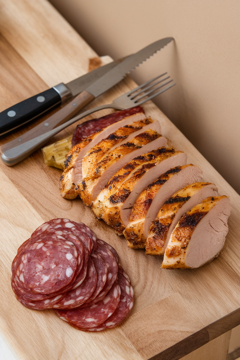 Indoor photo of a wooden board displaying grilled chicken breast slices next to a small pile of cured salami, illustrating portion control; no text or logos