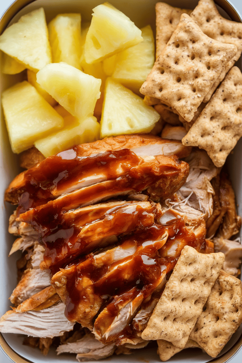 Photo indoors of shredded barbecue chicken breast, pineapple chunks, and crisp brown-rice crackers in a bento tray; no text or logos.