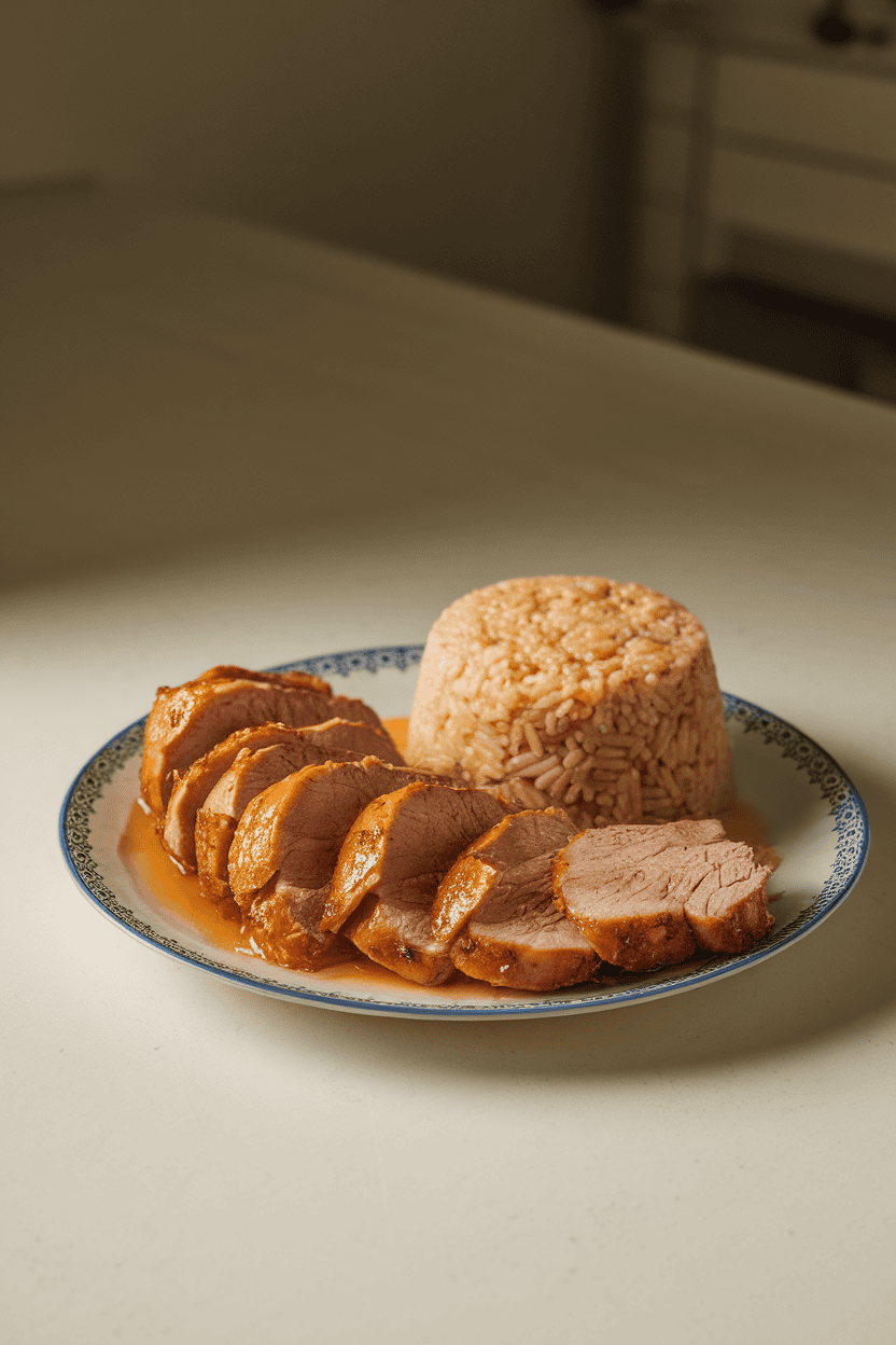 A softly lit indoor kitchen counter showing sliced roasted pork tenderloin glazed with pineapple juice beside a mound of cooked brown rice—no logos present. Photo only.
