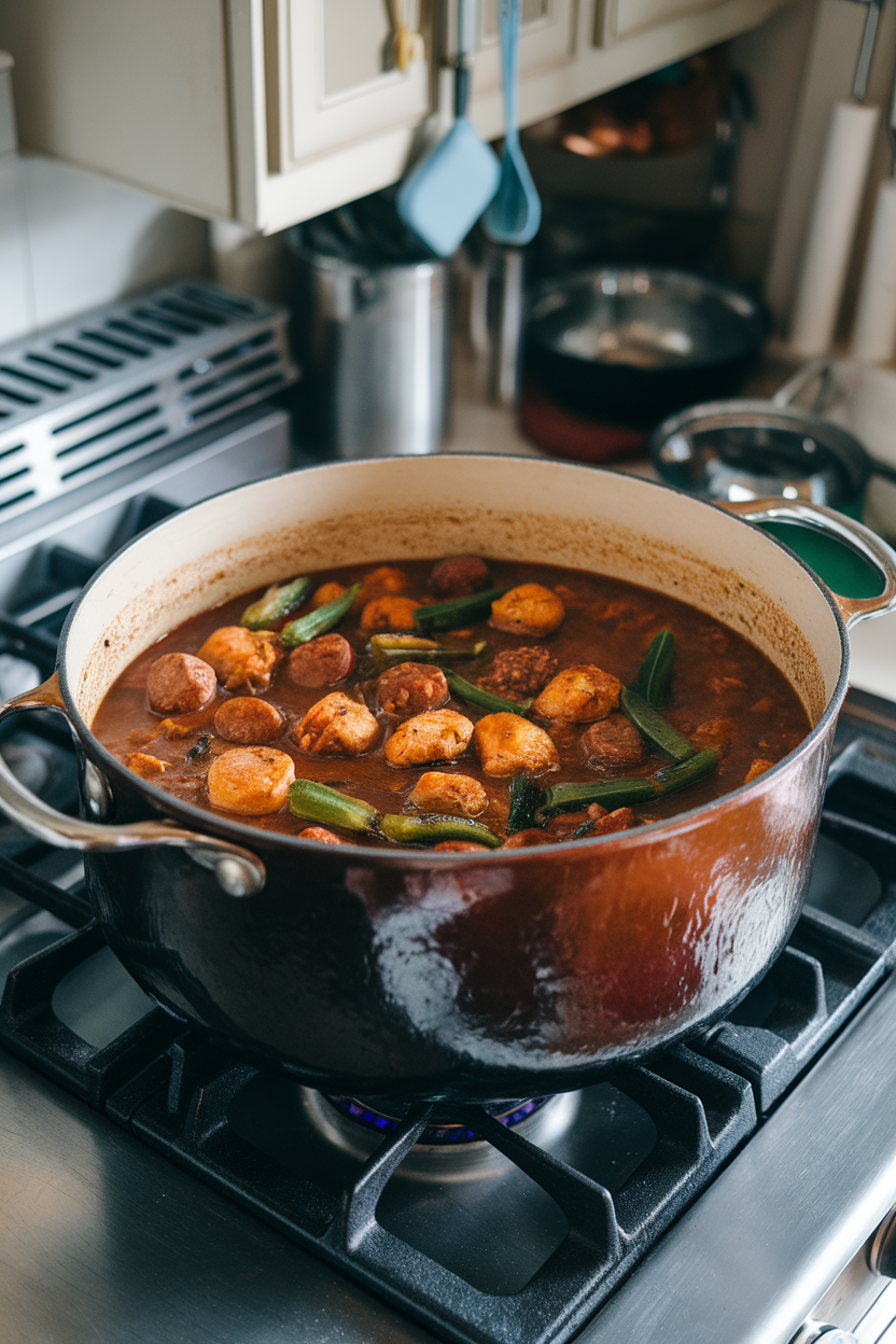 Indoor stovetop with a heavy pot of dark roux-based gumbo, pieces of chicken and sausage visible amid okra, no text or logos. Photo.