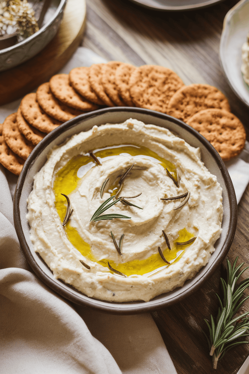 Indoor appetizer spread featuring a shallow dish of creamy white bean dip drizzled with olive oil and scattered with rosemary leaves, whole-grain crackers alongside. No text or logos. Photo, not illustration.