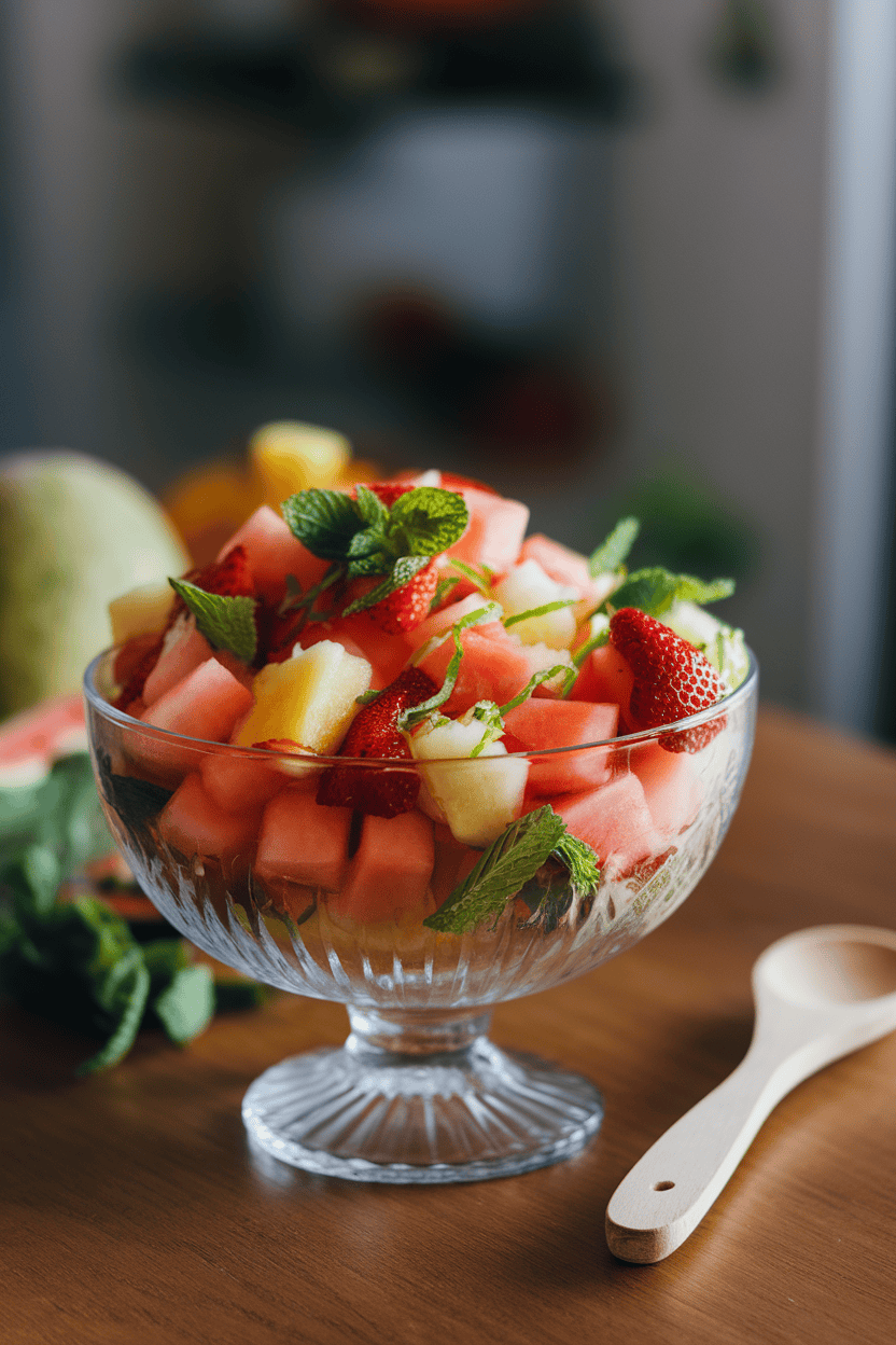 A glass bowl on an indoor table filled with mixed melon, strawberries, and pineapple tossed with fresh mint and lime zest; no text or logos; photo.
