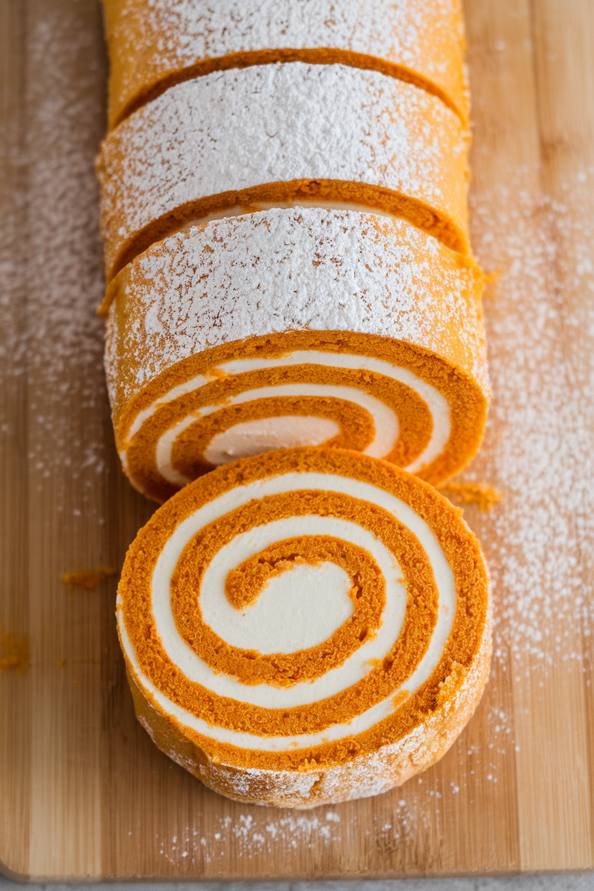 Indoor cutting board displaying spiral slices of pumpkin roll with cream cheese filling, powdered sugar sprinkled lightly. No text or logos.