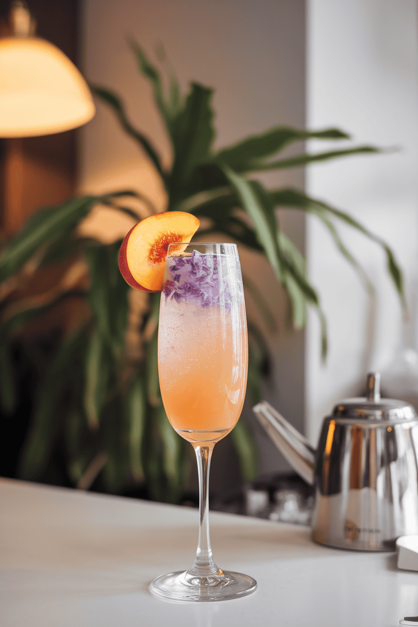Indoor brunch bar with flute of sparkling peach cocktail gently turning lavender thanks to butterfly pea tea, peach wedge on rim; photo, no logos.