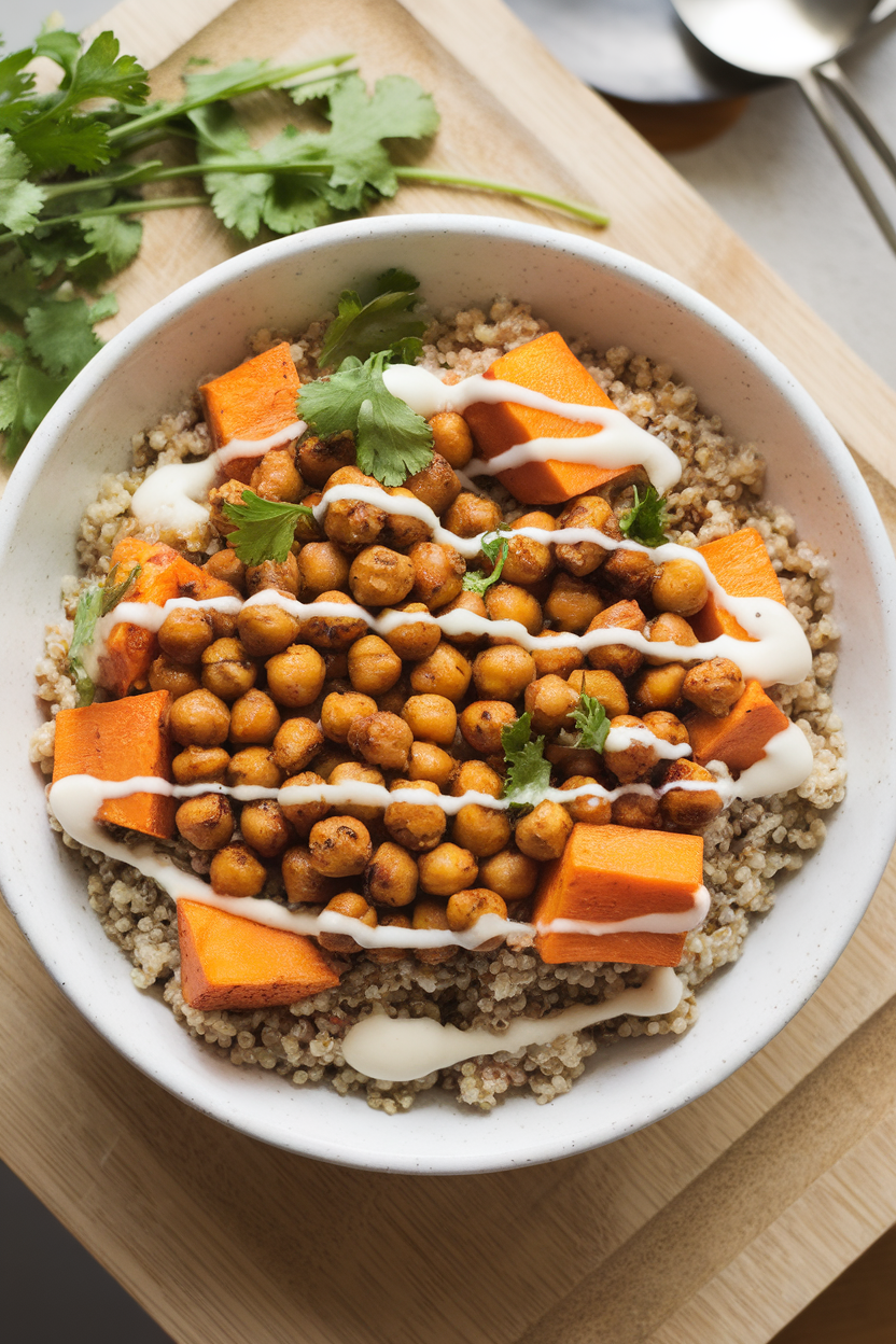 Overhead indoor photo of roasted shawarma-spiced chickpeas and sweet potato cubes on quinoa, with lemon tahini sauce. No logos or text.