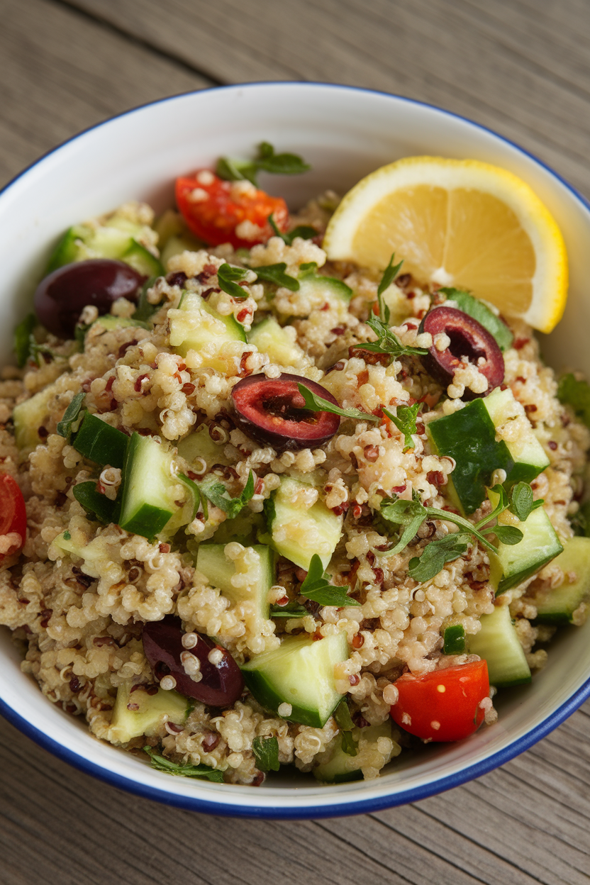 An indoor salad bowl holding quinoa tossed with cucumbers, olives, cherry tomatoes, and herbs, lemon wedge on rim. Photo only, no text or logos.