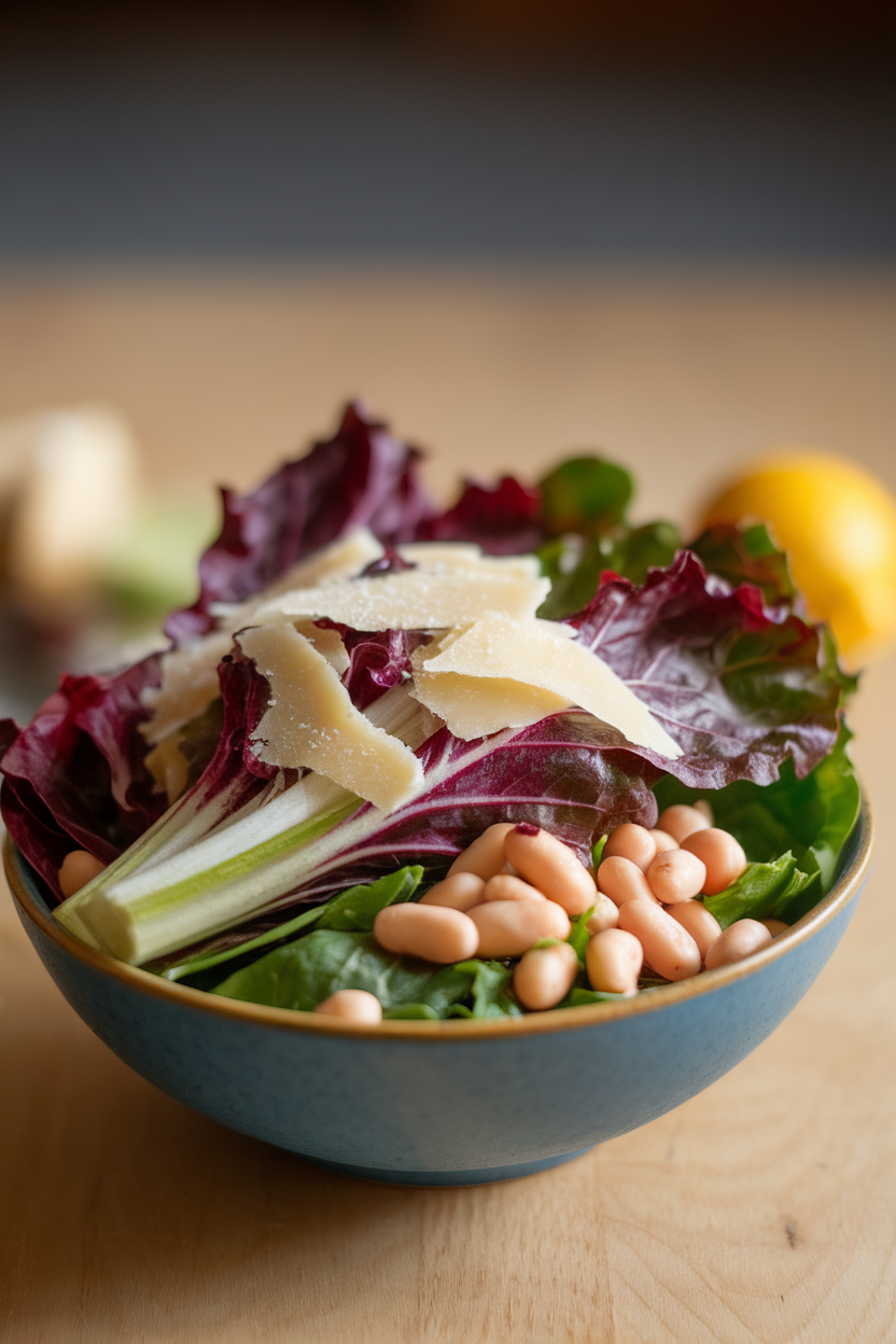 Indoor photo of escarole leaves combined with white beans and shaved Parmesan in a shallow bowl; no text or logos.
