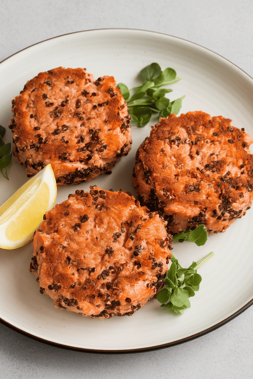 Photo of three quinoa-flecked salmon cakes on a white plate indoors with lemon slice, no text or logos.