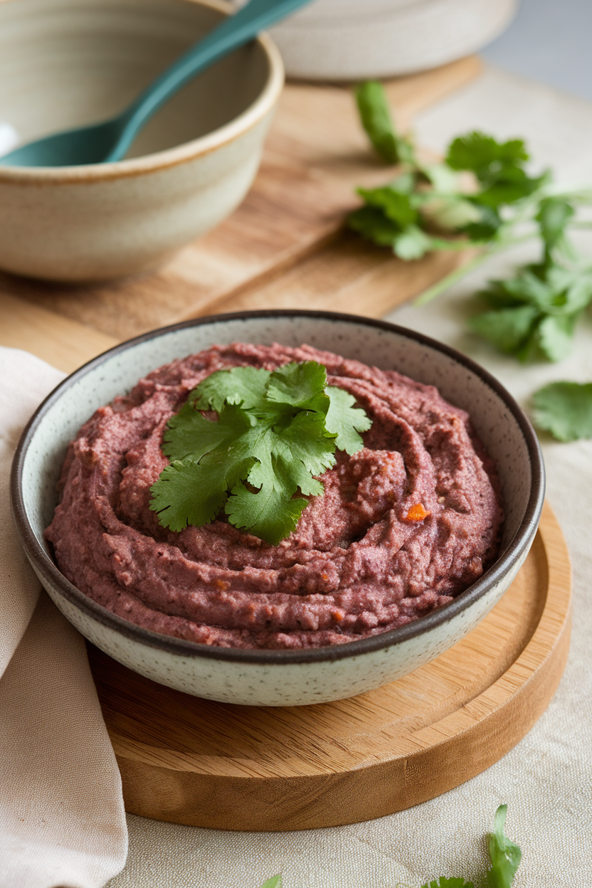 Photo of a shallow bowl of chunky cooked eggplant and tomato dip garnished with cilantro on an indoor table; no text or logos.